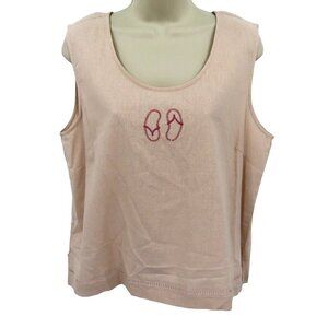 AKC Women Large Petite LP Pink Embroidered Flip Flops Linen Blend Tank Top Shirt